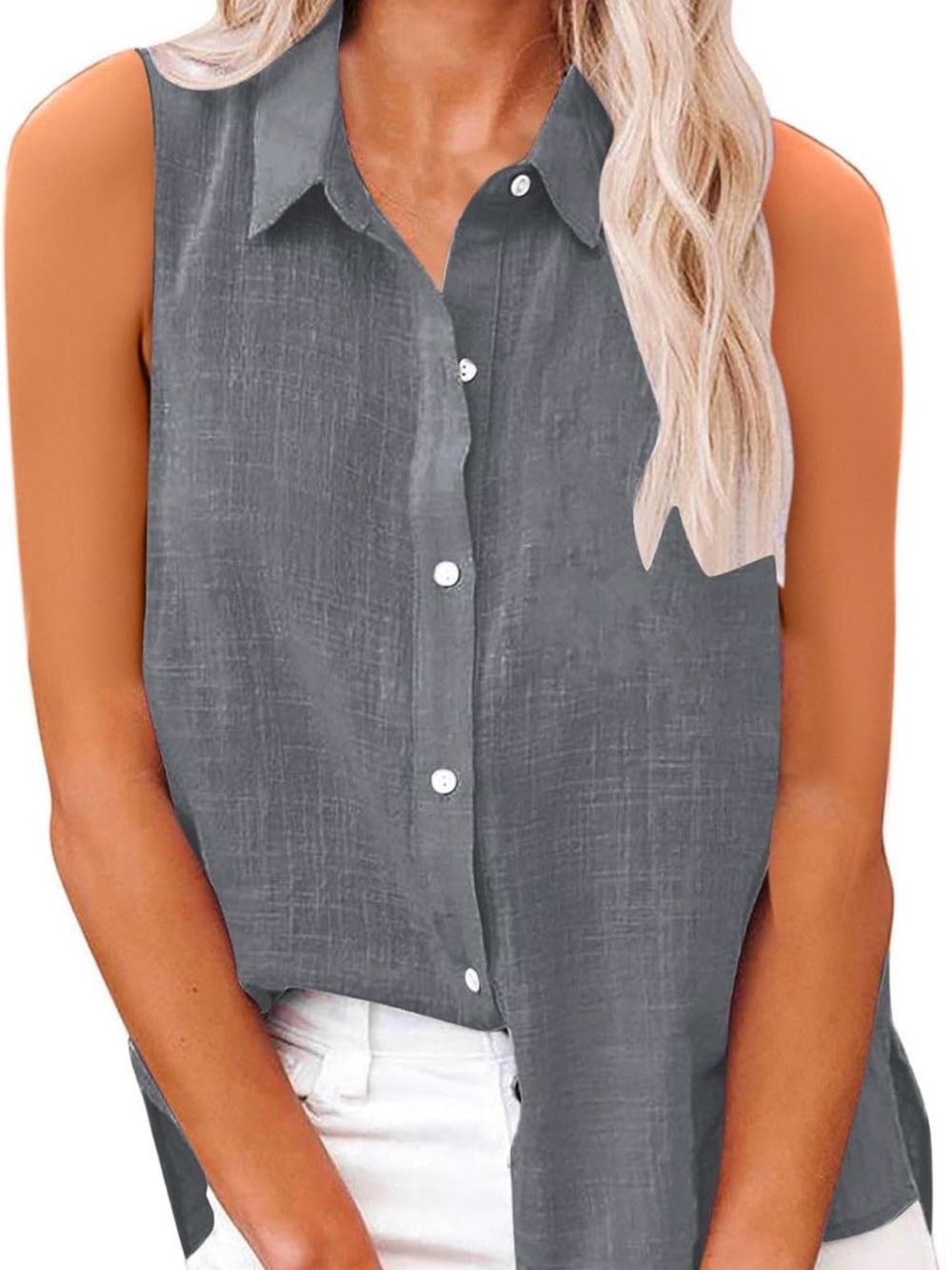 3X (runs small) Sleeveless Button-Front Collared Tank Top - Gray